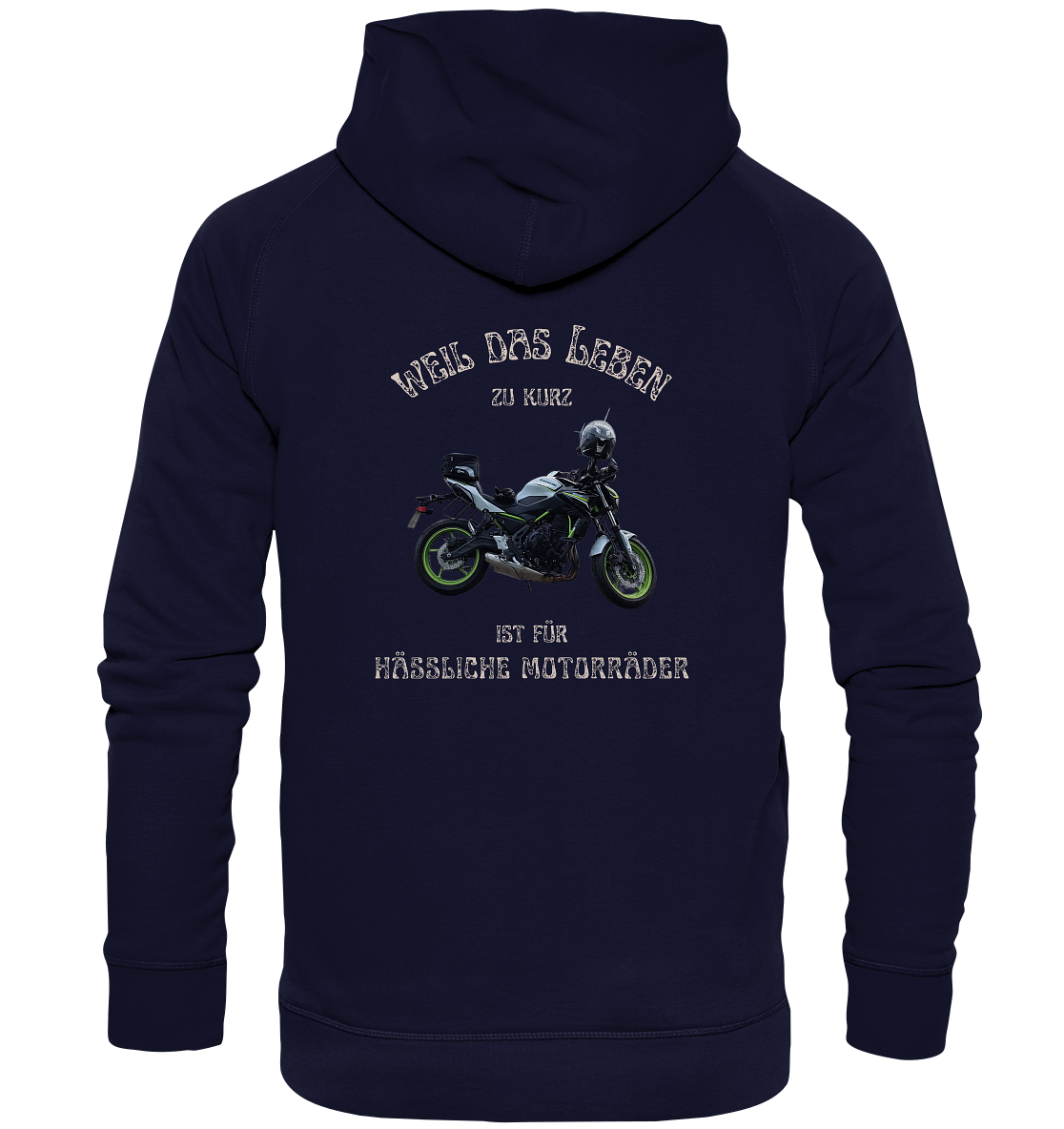 "Weil das Leben zu kurz ist für hässliche Motorräder" _ für Angelika | individualisierter Hoodie mit Motorrad-Foto und Spruch in hellem Design