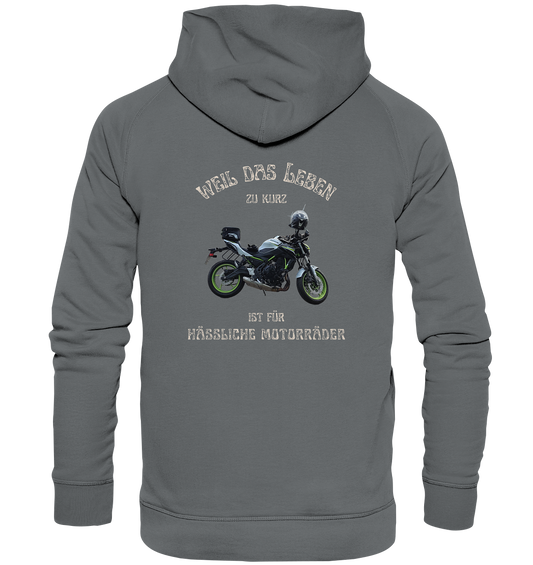 "Weil das Leben zu kurz ist für hässliche Motorräder" _ für Angelika | individualisierter Hoodie mit Motorrad-Foto und Spruch in hellem Design