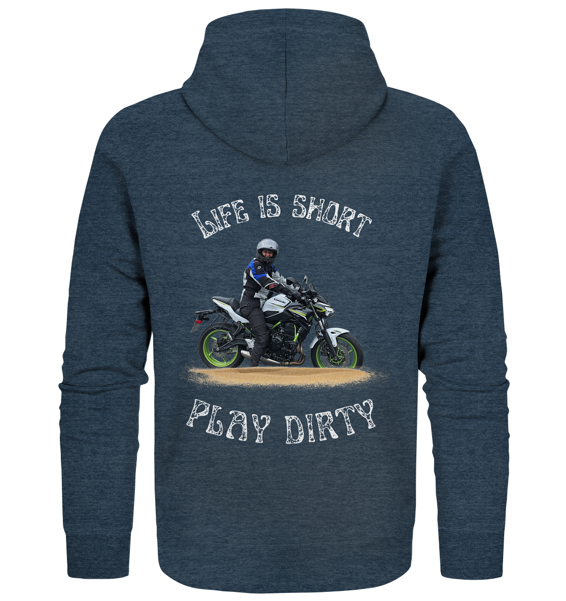 "Life is short - play dirty" _ für Angelika | Hoodie-Jacke mit deinem Foto und Motorrad-Spruch in hellem Design