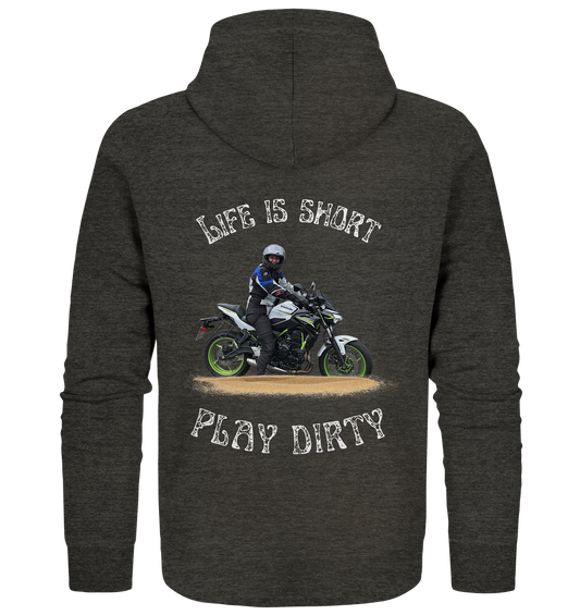 "Life is short - play dirty" _ für Angelika | Hoodie-Jacke mit deinem Foto und Motorrad-Spruch in hellem Design