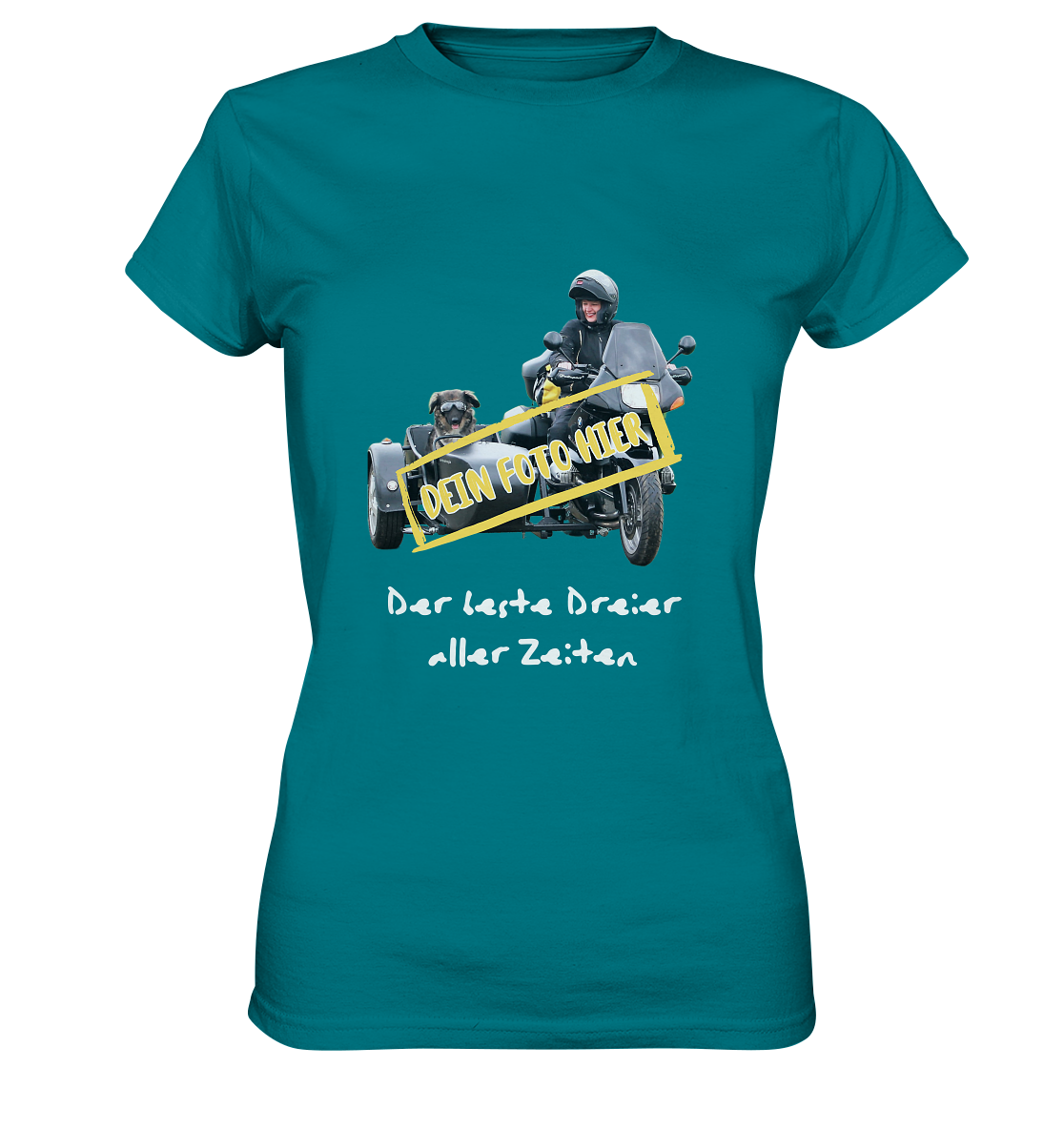 "Der beste Dreier aller Zeiten" _ mit deinem Foto | individualisierbares Damen-Shirt mit Motorrad-Spruch in hellem Design, türkis