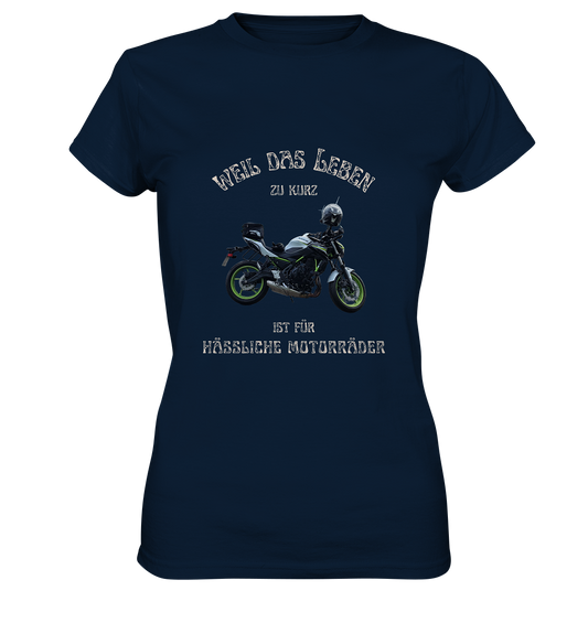 "Weil das Leben zu kurz ist für hässliche Motorräder" _ für Angelika | individualisiertes Damen-Shirt mit Motorrad-Foto und Spruch in hellem Design
