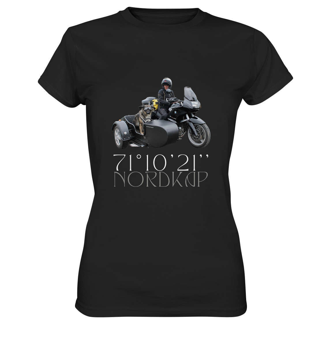 "Nordkap _ Breitengrad 71°10'21''" _ für mich | Damen-Shirt mit individuellem Motorrad-Foto-Druck in Top-Qualität und Nordkap-Spruch in hellem Design