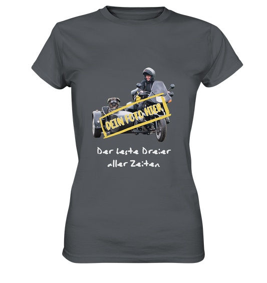 "Der beste Dreier aller Zeiten" _ mit deinem Foto | individualisierbares Damen-Shirt mit Motorrad-Spruch in hellem Design, grau