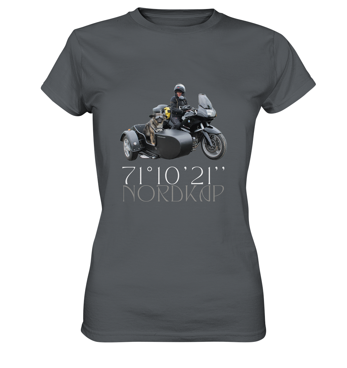 "Nordkap _ Breitengrad 71°10'21''" _ für mich | Damen-Shirt mit individuellem Motorrad-Foto-Druck in Top-Qualität und Nordkap-Spruch in hellem Design