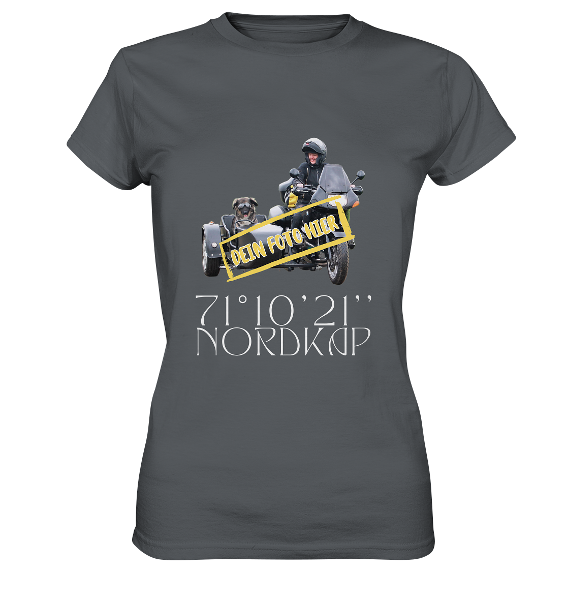 "Nordkap - 70° 10'21'' " _ mit deinem Foto | Damen-Shirt mit Motorrad-Aufdruck in hellem Design