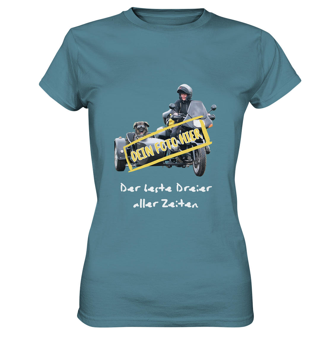 "Der beste Dreier aller Zeiten" _ mit deinem Foto | individualisierbares Damen-Shirt mit Motorrad-Spruch in hellem Design, hell blau
