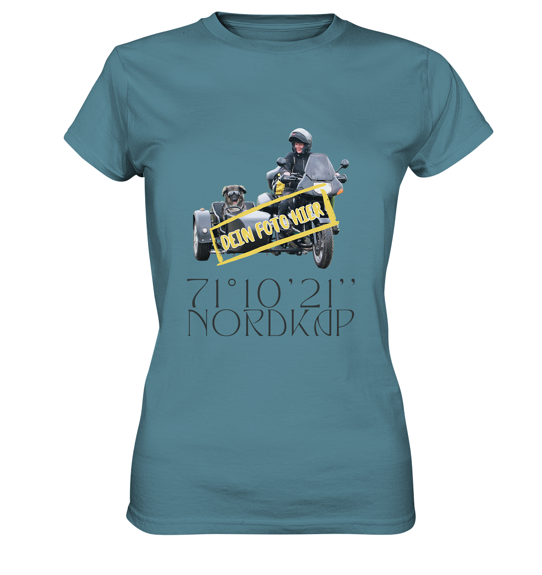 "Nordkap - 70° 10'21'' " _ mit deinem Foto | individualisierbares Damen-Shirt mit Motorrad-Aufdruck in dunklem Design