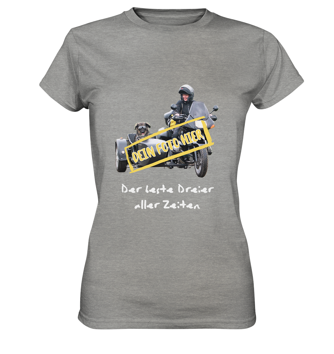 "Der beste Dreier aller Zeiten" _ mit deinem Foto | individualisierbares Damen-Shirt mit Motorrad-Spruch in hellem Design, hell grau meliert