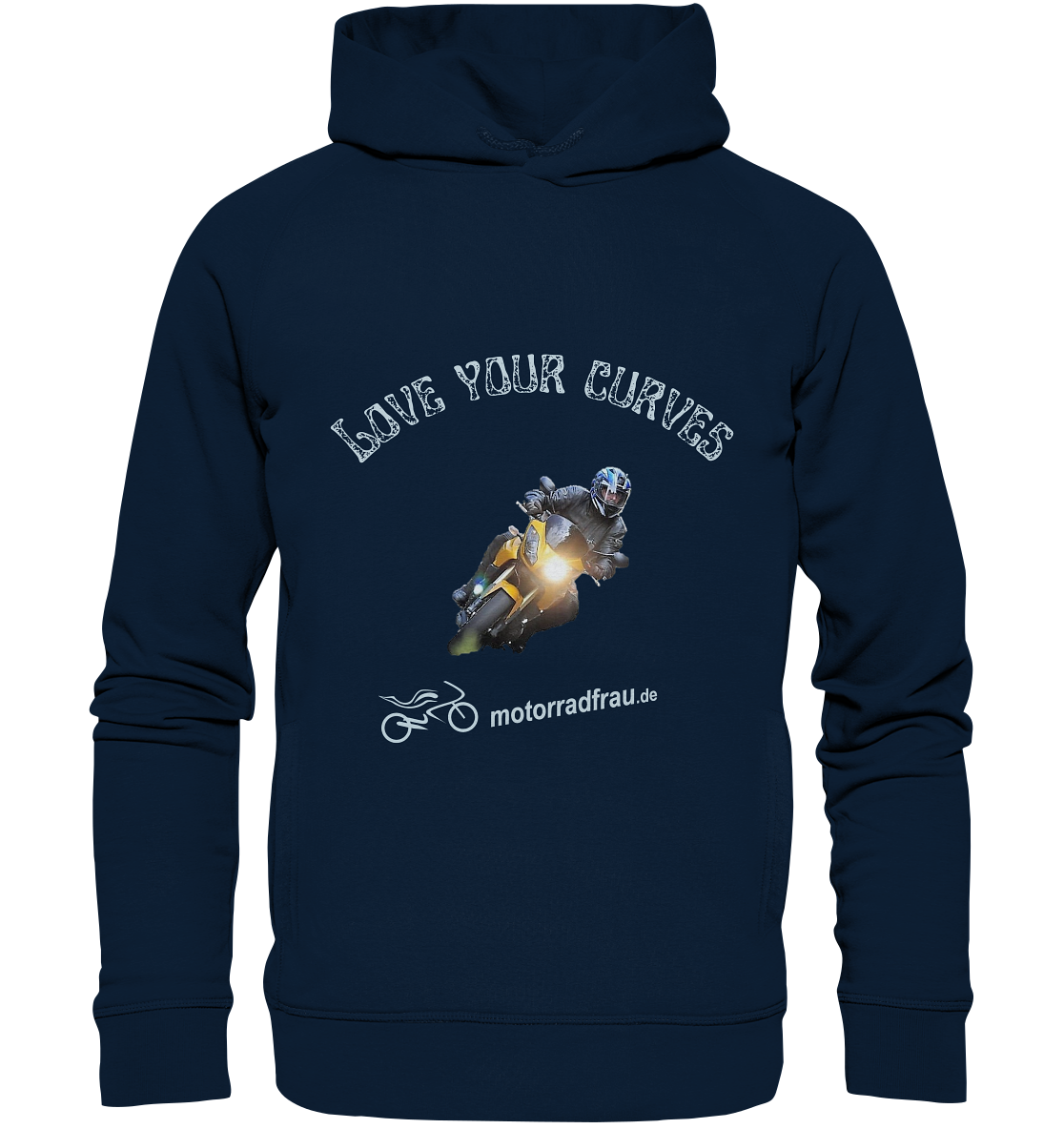 "Motorradfrau _ Love your Curves" | Hoodie mit Foto und Spruch in hellem Design