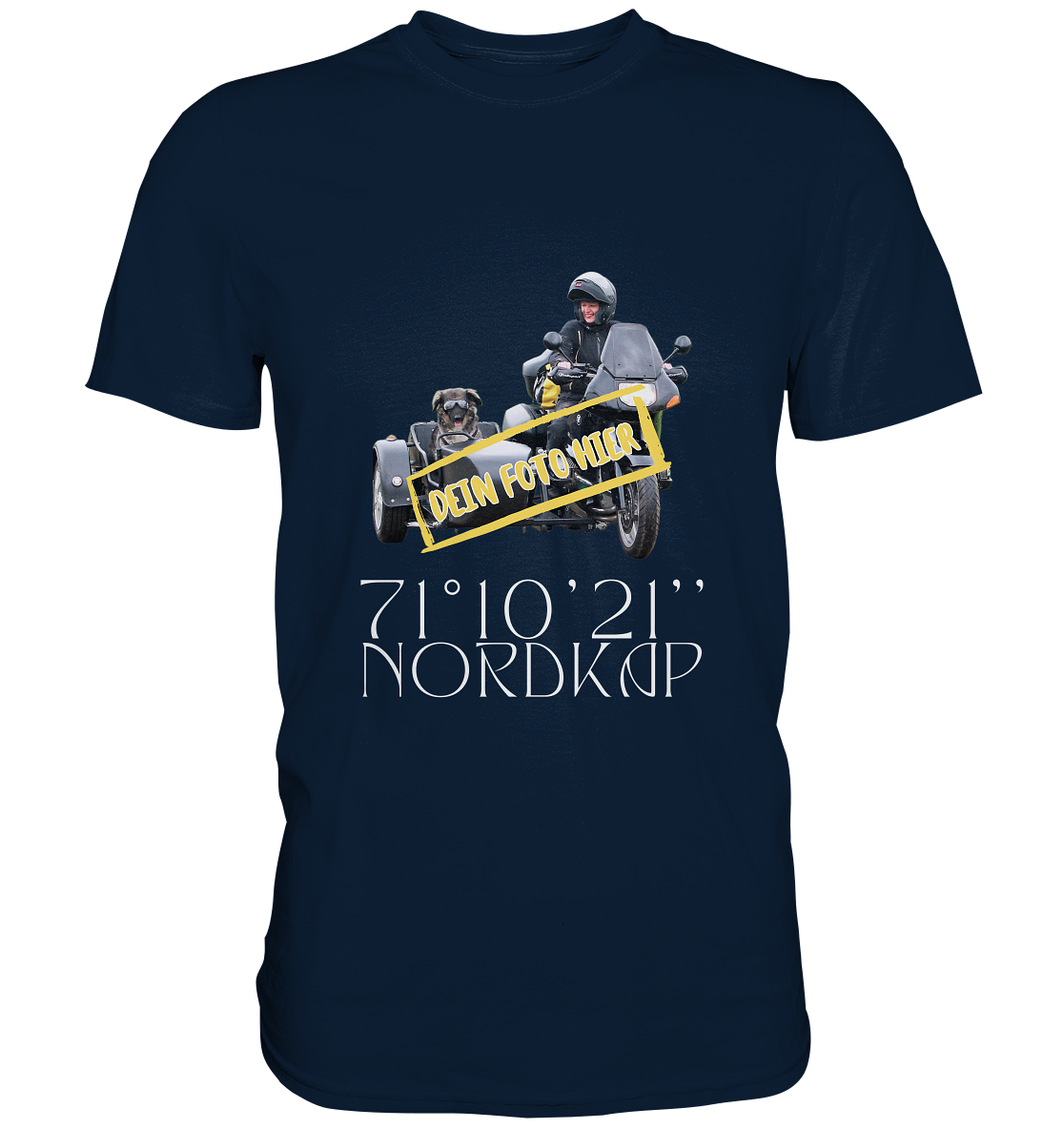 "Nordkap - 70° 10'21'' " _ mit deinem Foto | individualisierbares Herren-Shirt mit Motorrad-Aufdruck in hellem Design