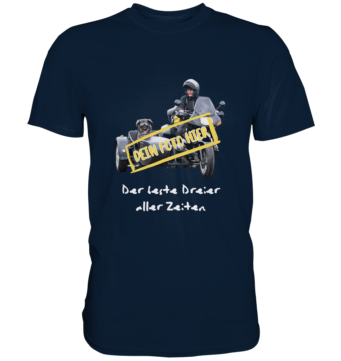 "Der beste Dreier aller Zeiten" _ mit deinem Foto | individualisierbares Herren-Shirt mit Motorrad-/ Gespann-Spruch in hellem Design, dunkel blau