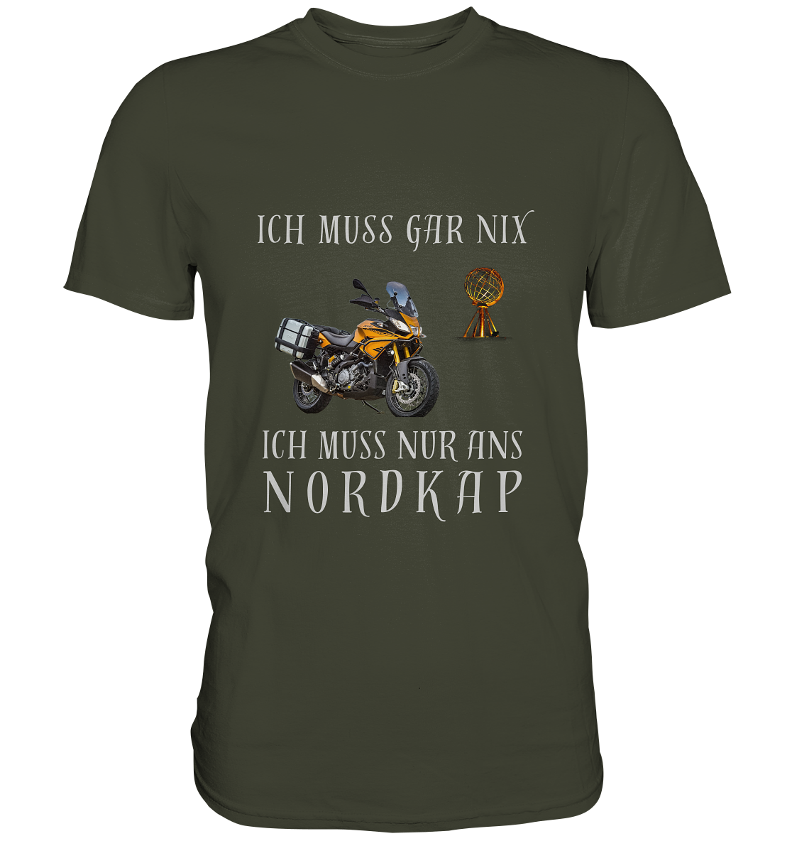 "Ich muss gar nix. Ich muss nur zum Nordkap" _ mit deinem Foto | Dirks Nordkap-Shirt mit hellem Design