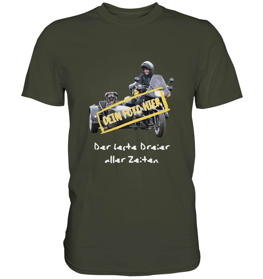 "Der beste Dreier aller Zeiten" _ mit deinem Foto | individualisierbares Herren-Shirt mit Motorrad-/ Gespann-Spruch in hellem Design, khaki