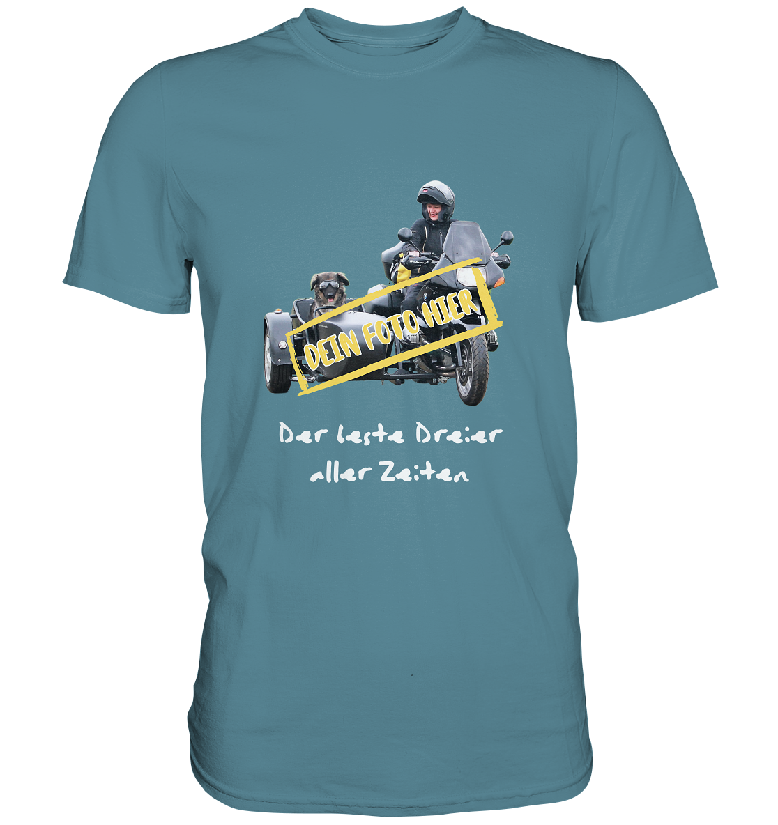 "Der beste Dreier aller Zeiten" _ mit deinem Foto | individualisierbares Herren-Shirt mit Motorrad-/ Gespann-Spruch in hellem Design, hell blau