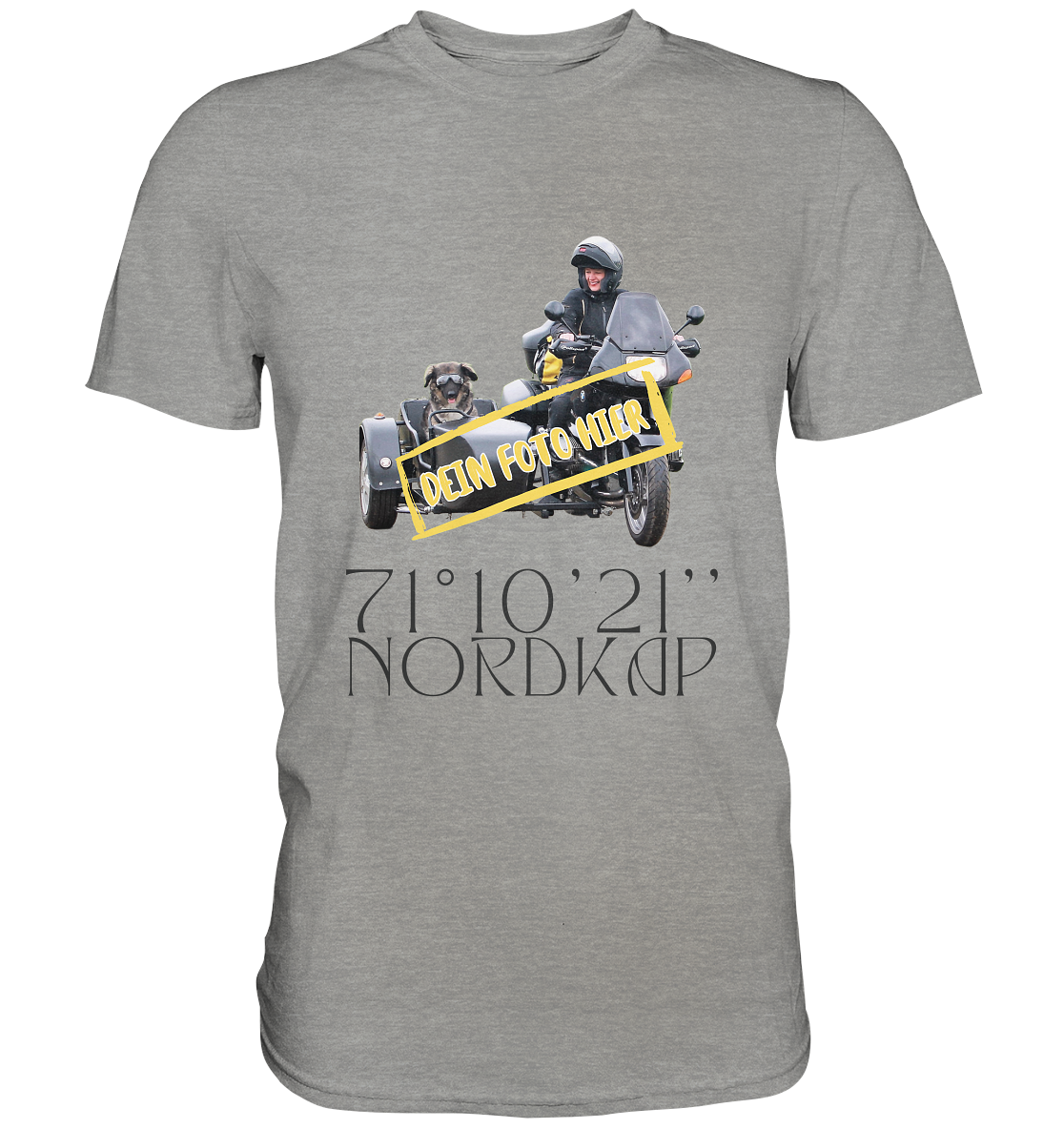 "Nordkap - 70° 10'21'' " _ mit deinem Foto  | individualisierbares Herren-Shirt mit Motorrad-Aufdruck in dunklem Design