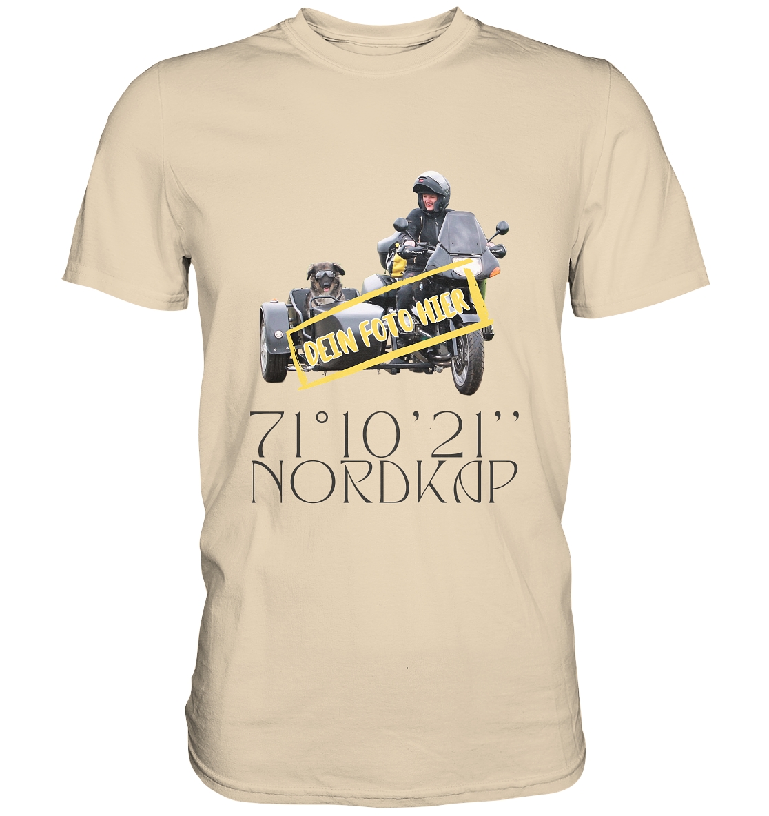 "Nordkap - 70° 10'21'' " _ mit deinem Foto  | individualisierbares Herren-Shirt mit Motorrad-Aufdruck in dunklem Design