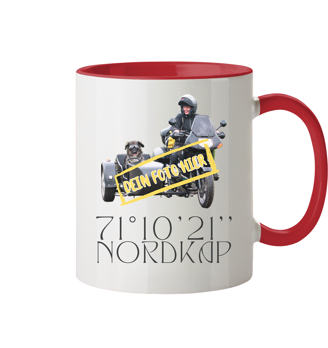 "Nordkap - 70° 10'21'' " _ mit deinem Foto | individualisierbare Tasse zweifarbig mit Motorrad-Aufdruck