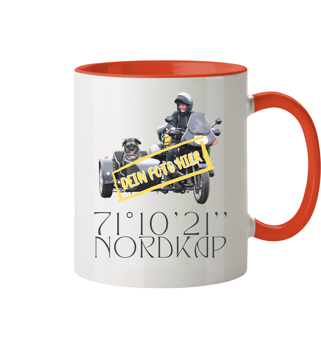 "Nordkap - 70° 10'21'' " _ mit deinem Foto | individualisierbare Tasse zweifarbig mit Motorrad-Aufdruck