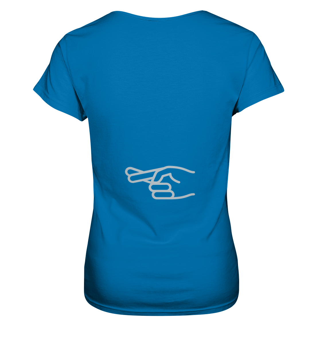 Damen-T-Shirt, rundhals, beidseitig bedruckt, vorn Spruch "Natürlich liebe ich ihn mehr als mein Motorrad", hinten Symbol "crossed fingers", leuchtend blau