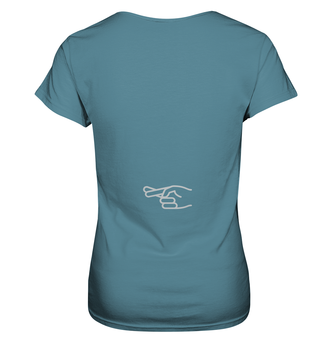 Damen-T-Shirt Rundhals-Ausschnitt, beidseitig bedruckt, vorn "Nur noch ein Motorrad - versprochen!" hinten crossed fingers, hell blau
