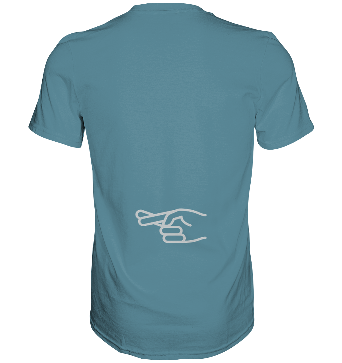 Herren-T-Shirt Rundhals mit beidseitigem Aufdruck "Natürlich liebe ich sie mehr als mein Motorrad", hinten symbol "crossed fingers", hell blau