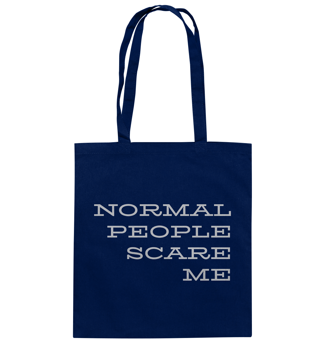 Stoffbeutel mit langen Henkeln, Aufdruck "Normal people scare me", blau