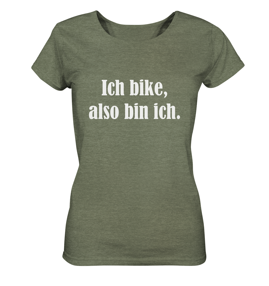 T-Shirt, Damen, Rundhals, mit weißem Aufdruck "Ich bike, also bin ich", khaki meliert
