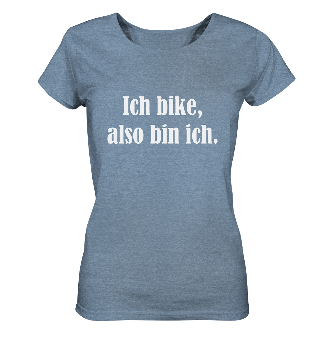 T-Shirt, Damen, Rundhals, mit weißem Aufdruck "Ich bike, also bin ich", hell blau meliert