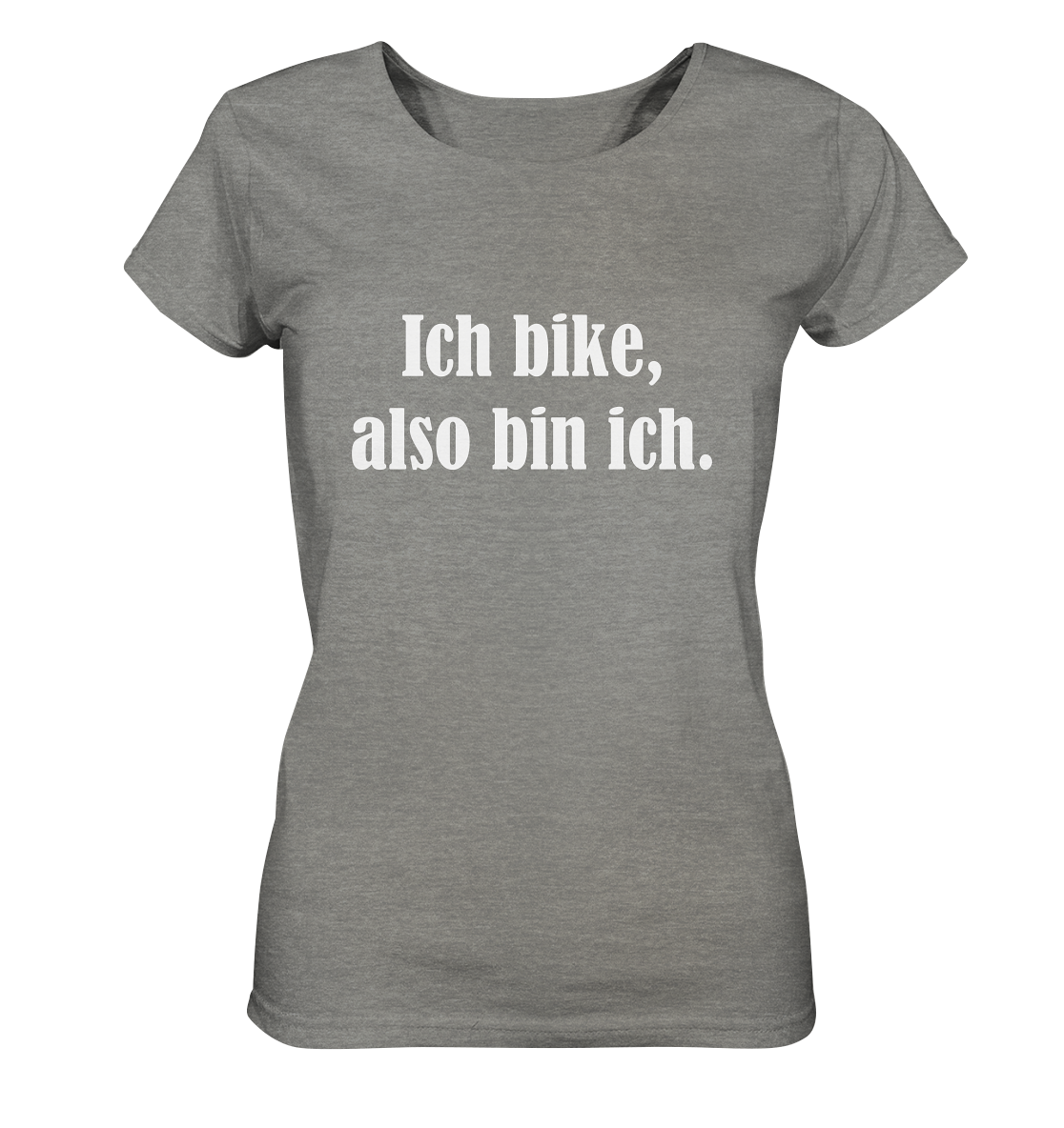 T-Shirt, Damen, Rundhals, mit weißem Aufdruck "Ich bike, also bin ich", grau meliert
