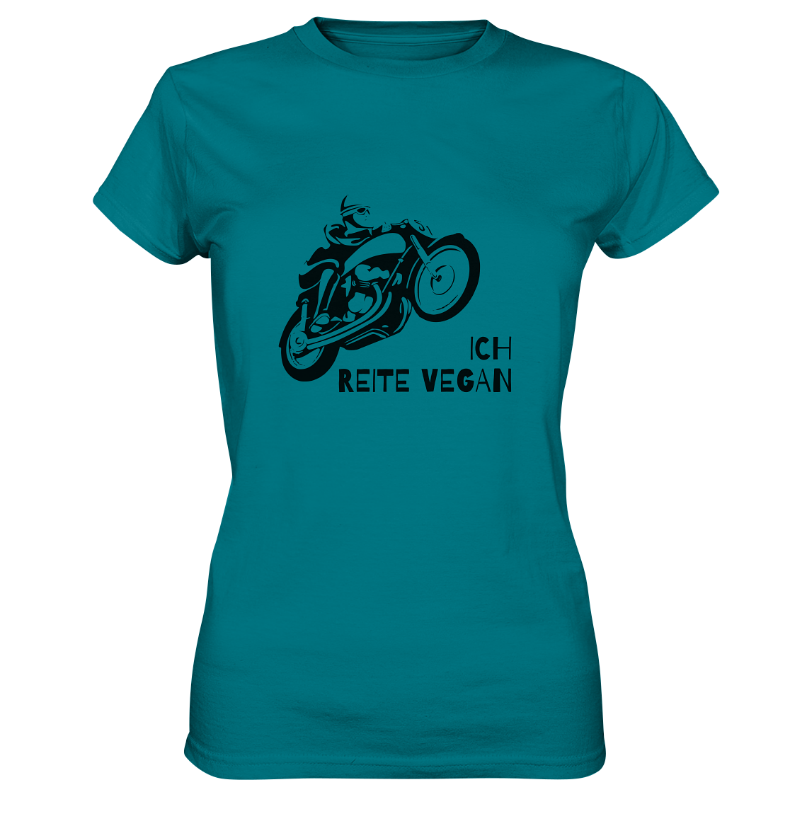 T-Shirt, Damen Rundhals, mit Aufdruck Motorrad und Spruch "Ich reite vegan", türkis