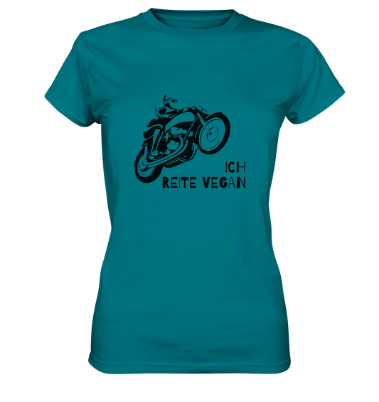 T-Shirt, Damen Rundhals, mit Aufdruck Motorrad und Spruch "Ich reite vegan", türkis
