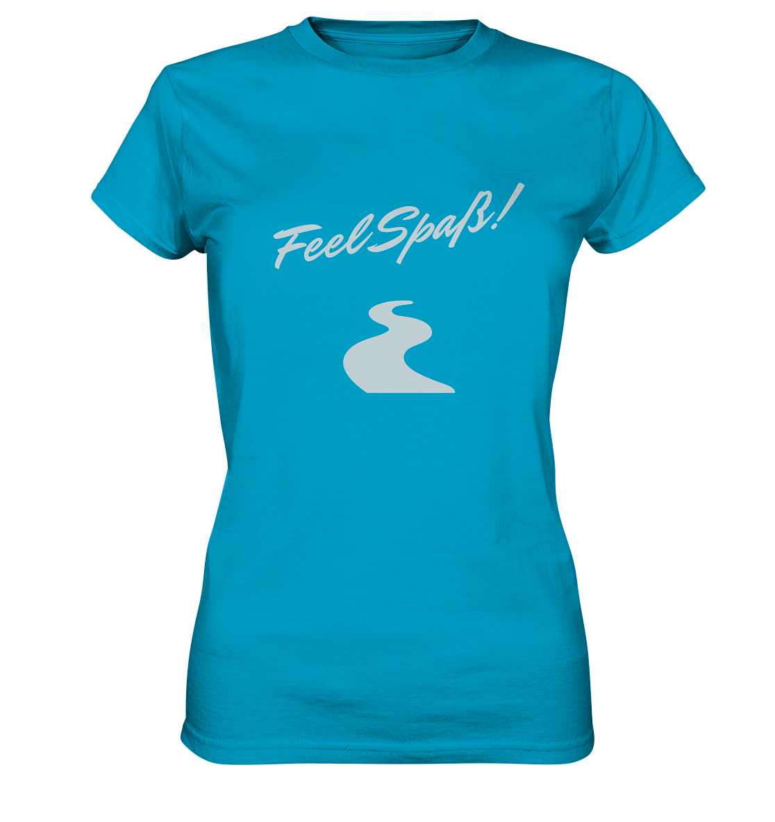 T-Shirt Damen, Rundhals, mit Aufdruck "Feel Spaß!" und kurviger Straße, leuchtend blau