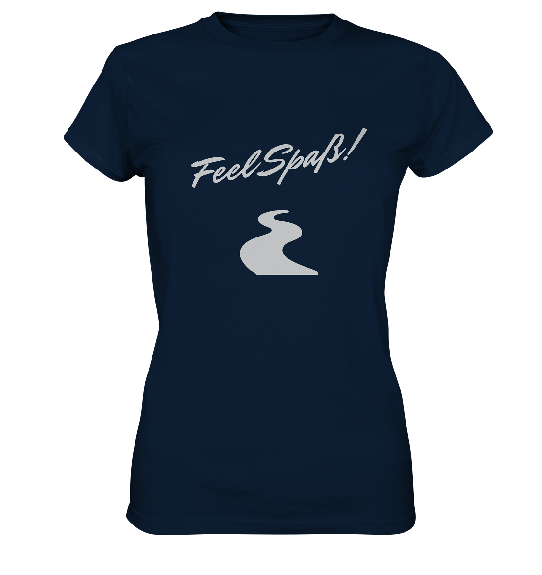 T-Shirt Damen, Rundhals, mit Aufdruck "Feel Spaß!" und kurviger Straße, dunkel blau