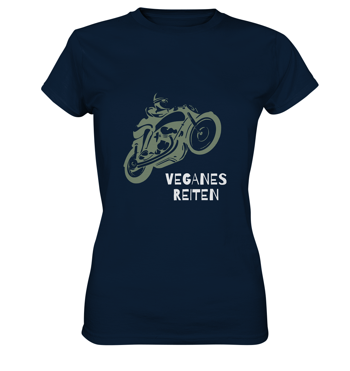 Damen T-Shirt, Rundhals, mit Motorrad-Aufdruck und Spruch "Veganes Reiten", dunkel blau