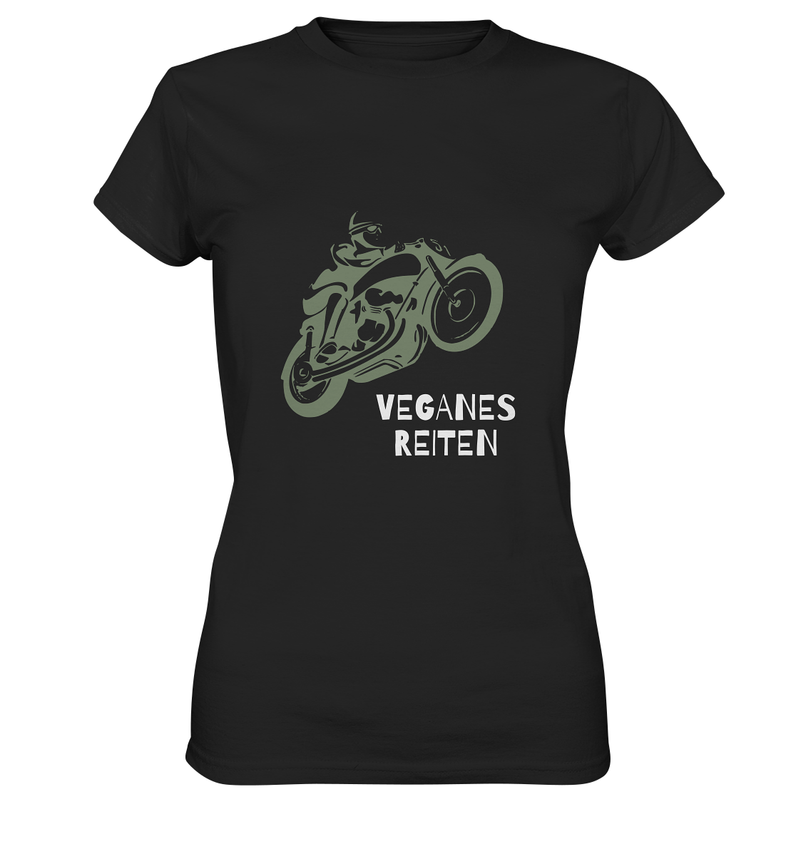 Damen T-Shirt, Rundhals, mit Motorrad-Aufdruck und Spruch "Veganes Reiten", schwarz