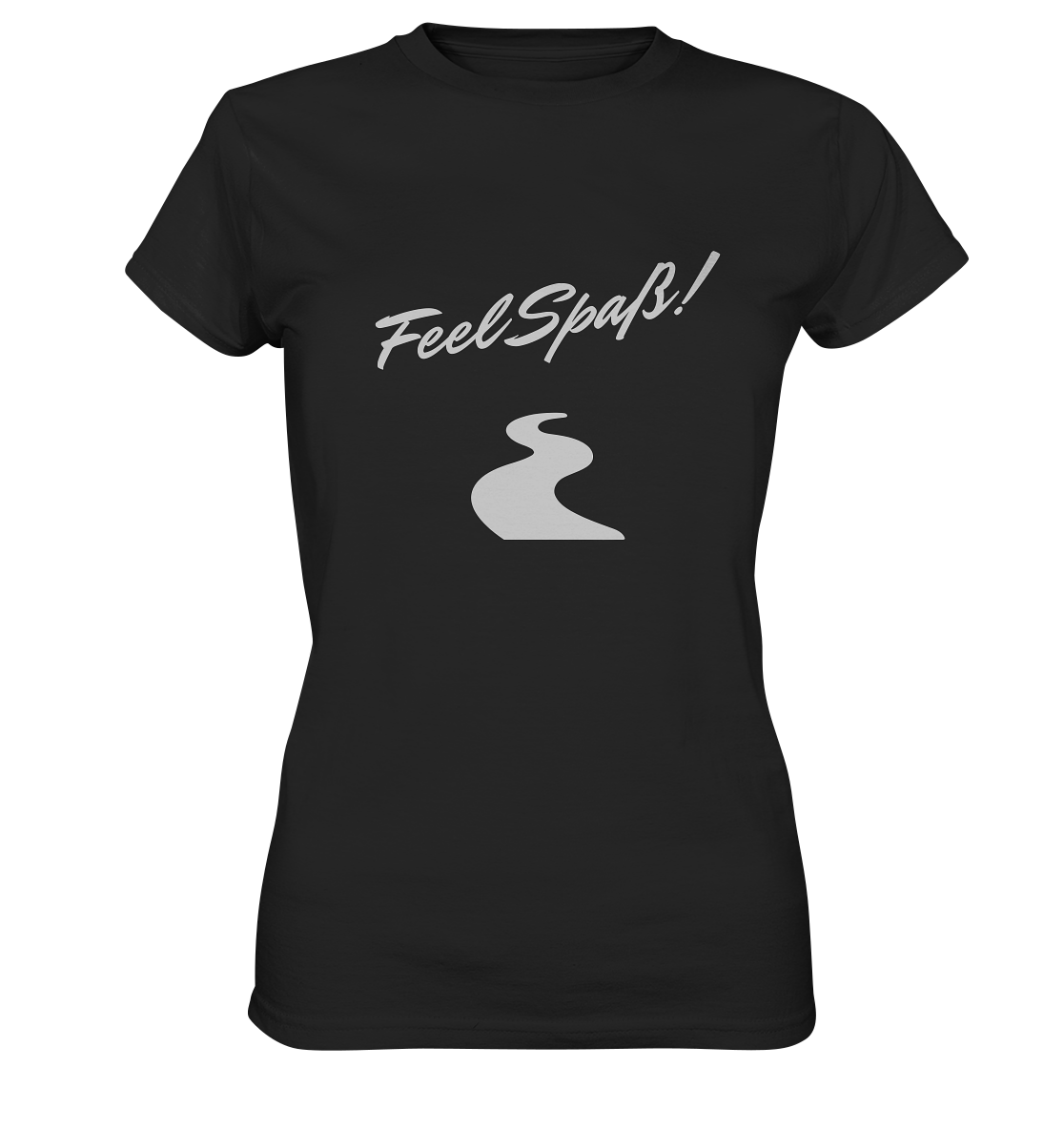 T-Shirt Damen, Rundhals, mit Aufdruck "Feel Spaß!" und kurviger Straße, schwarz