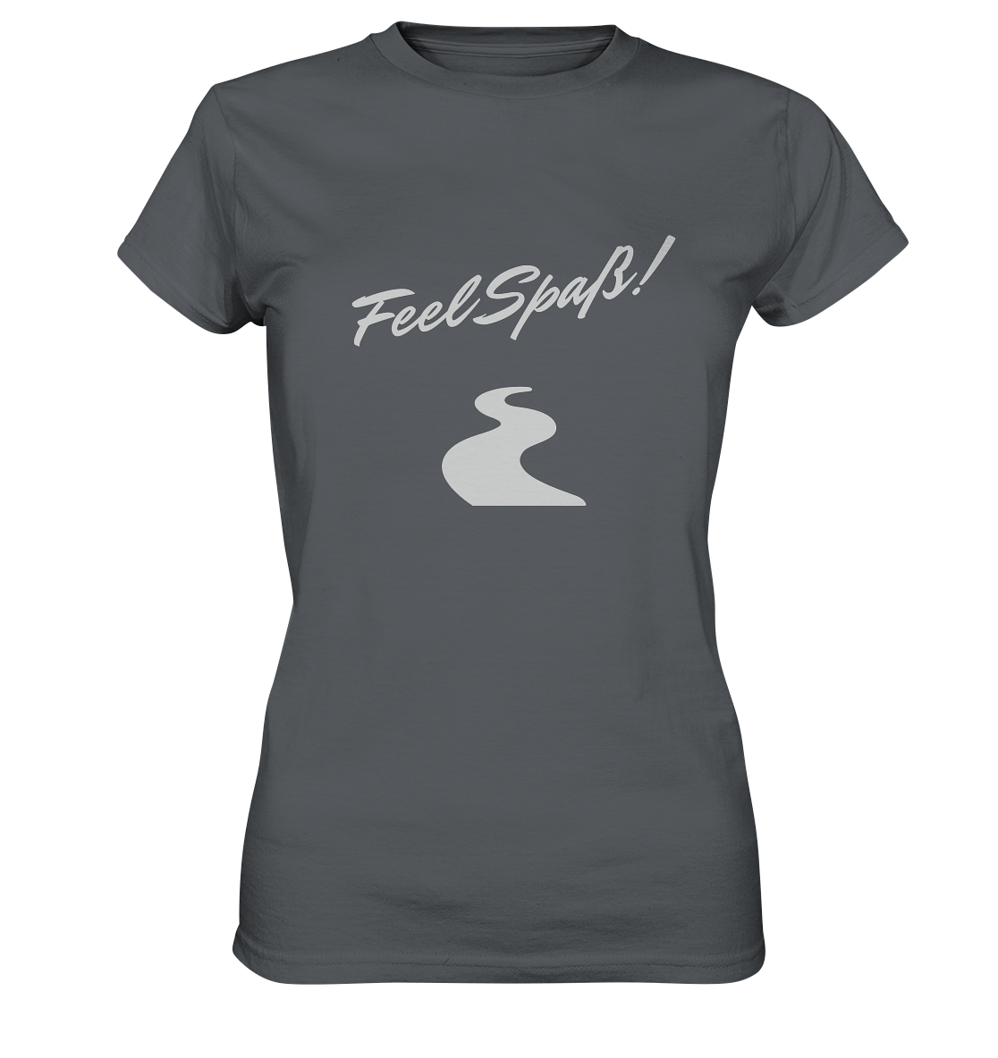T-Shirt Damen, Rundhals, mit Aufdruck "Feel Spaß!" und kurviger Straße, grau