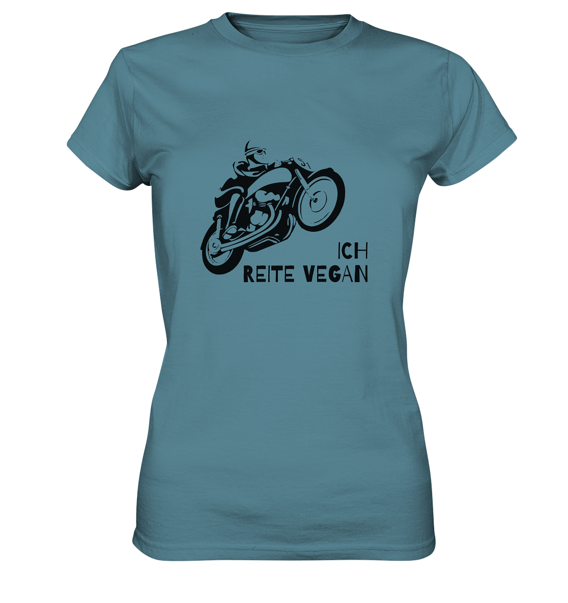 "Ich reite vegan" | Damen-Shirt mit Motorrad-Spruch in dunklem Design