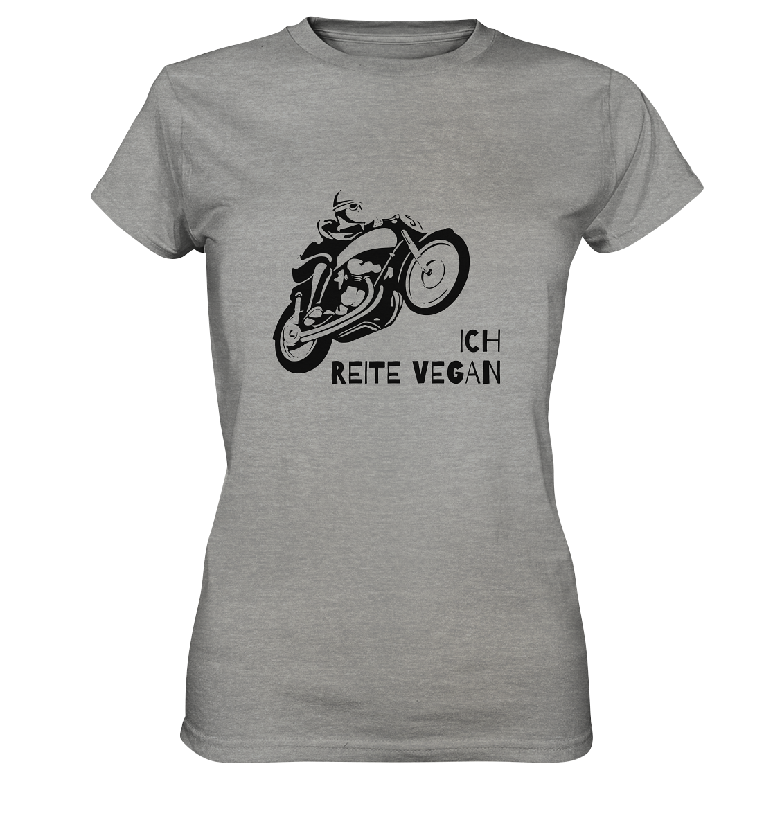 T-Shirt, Damen Rundhals, mit Aufdruck Motorrad und Spruch "Ich reite vegan", grau hell meliert
