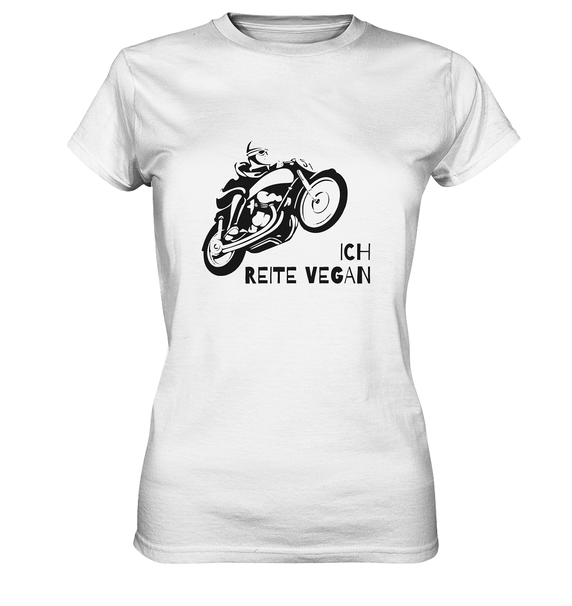 T-Shirt, Damen Rundhals, mit Aufdruck Motorrad und Spruch "Ich reite vegan", weiß