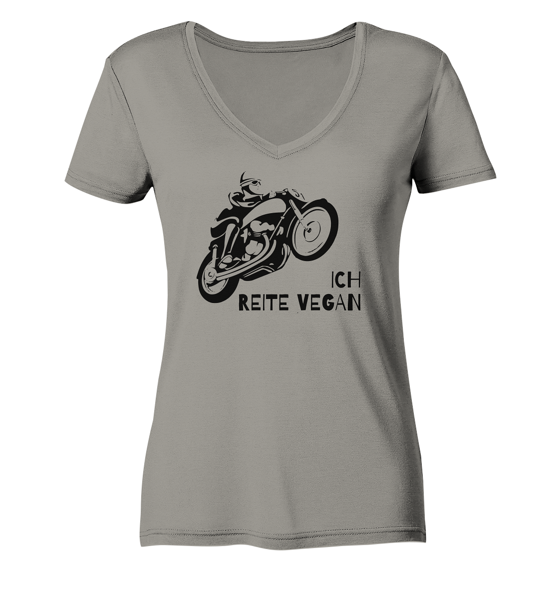 Damen-T-Shirt, V-Ausschnitt mit Aufdruck Motorrad und Spruch "Ich reite vegan", hell grau