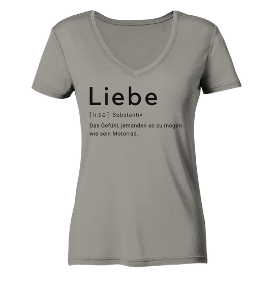 Damen-T-Shirt, V-Ausschnitt, mit Aufdruck "Liebe = jemanden so zu mögen wie sein Motorrad", grau