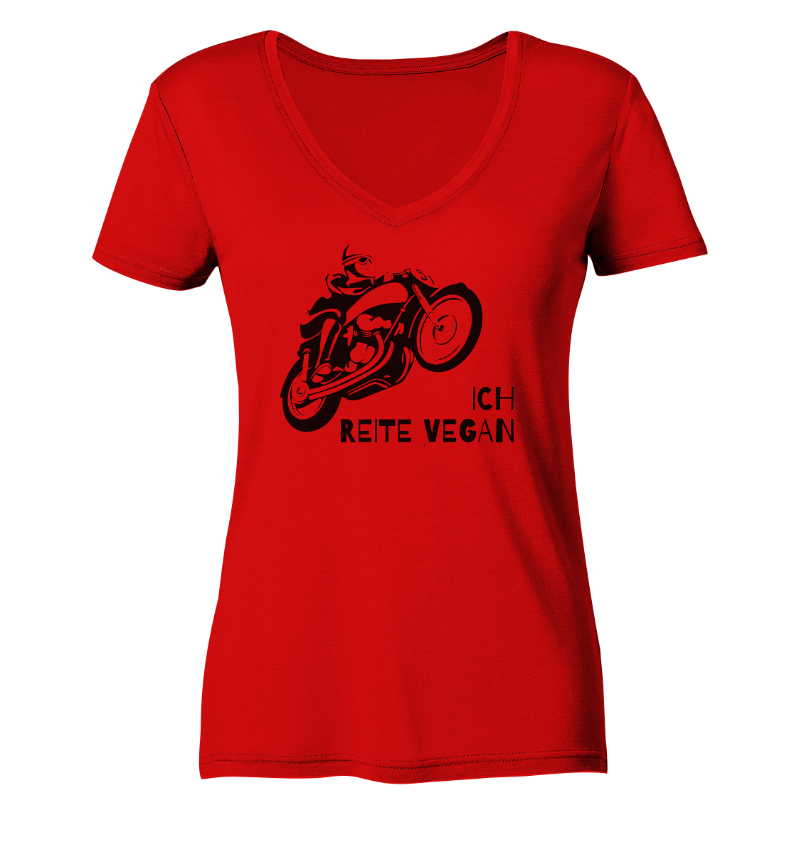 Damen-T-Shirt, V-Ausschnitt mit Aufdruck Motorrad und Spruch "Ich reite vegan", rot