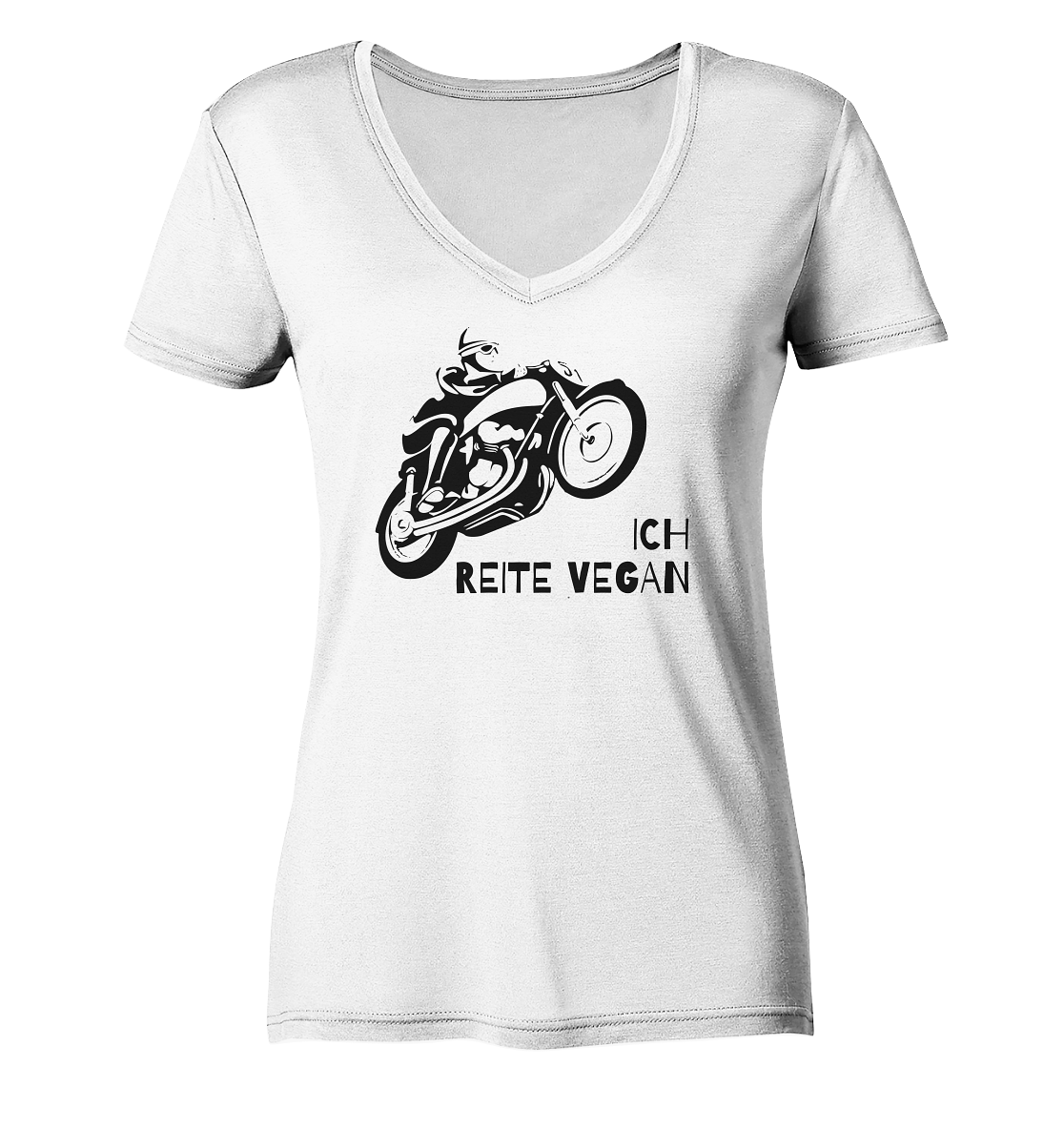 Damen-T-Shirt, V-Ausschnitt mit Aufdruck Motorrad und Spruch "Ich reite vegan", weiß