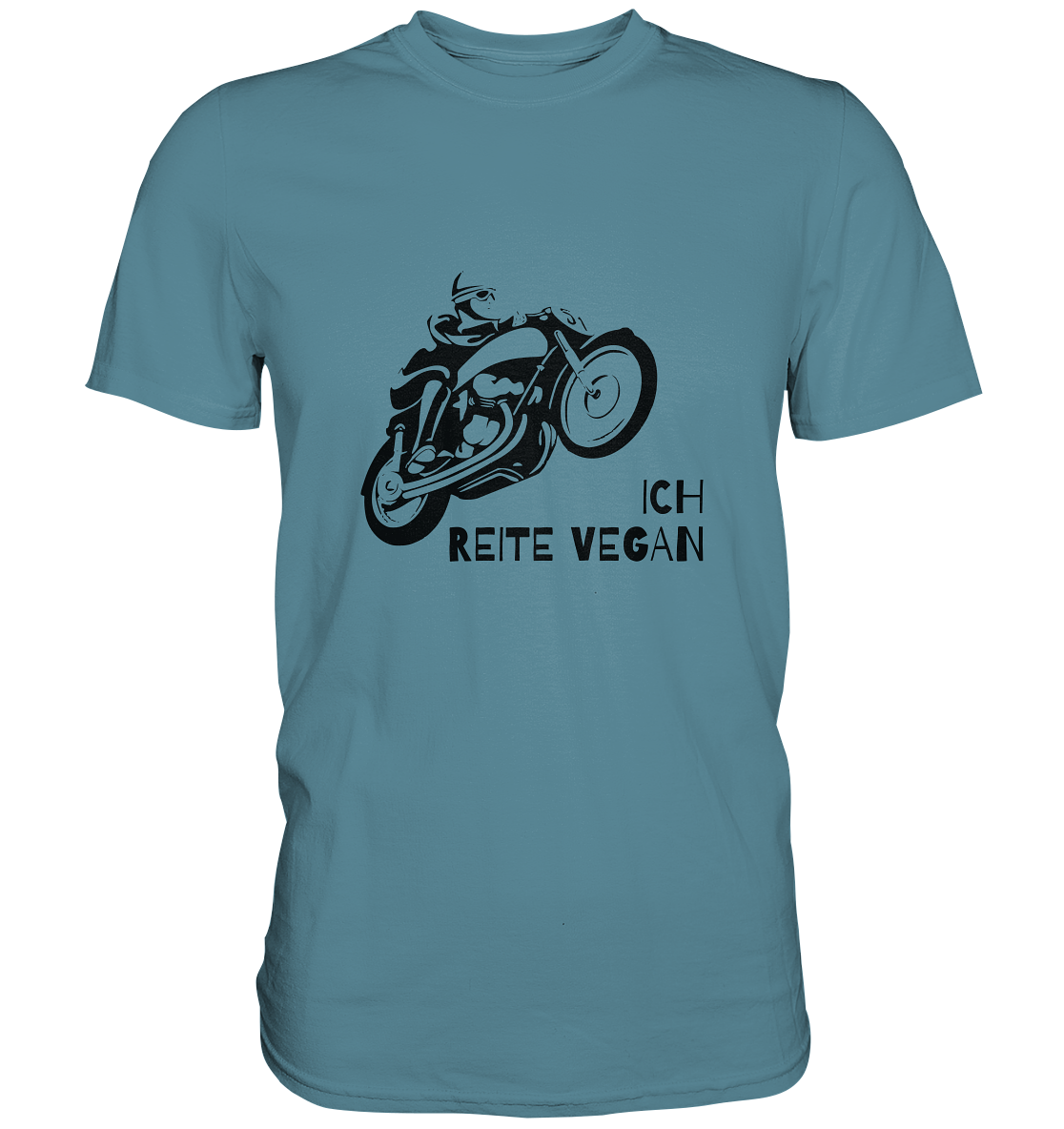 T-Shirt, Herren, Rundhals, mit Aufdruck Motorrad und Spruch "Ich reite vegan", blau hell