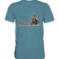 T-Shirt, Herren, men, Ted Simon auf seinem Motorrad, on his motorbike, Jupitalia mit handschriftlichem Zitat, with handwritten quote "The Interruptions are the journey." blau, blue