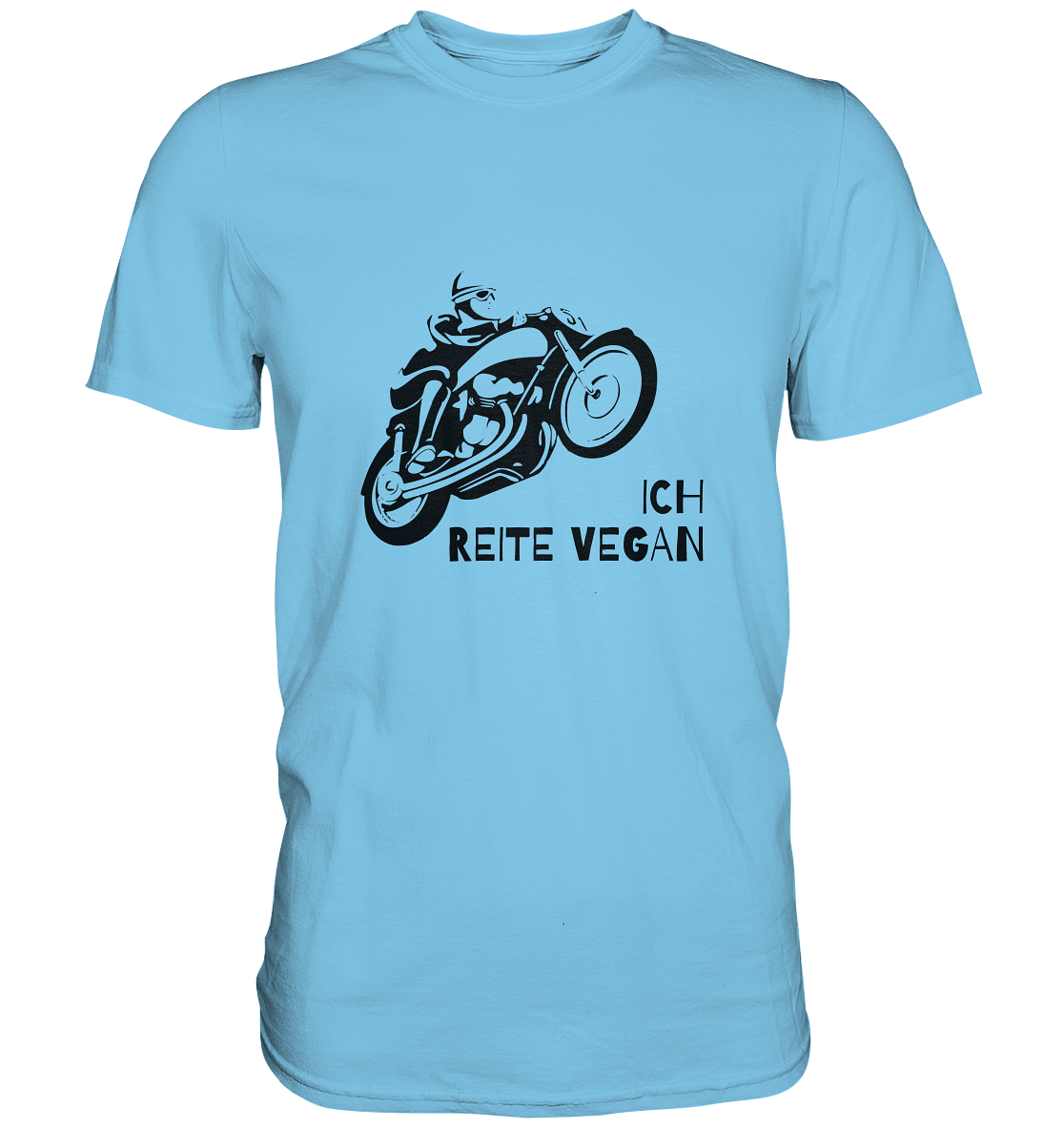 T-Shirt, Herren, Rundhals, mit Aufdruck Motorrad und Spruch "Ich reite vegan", hell blau
