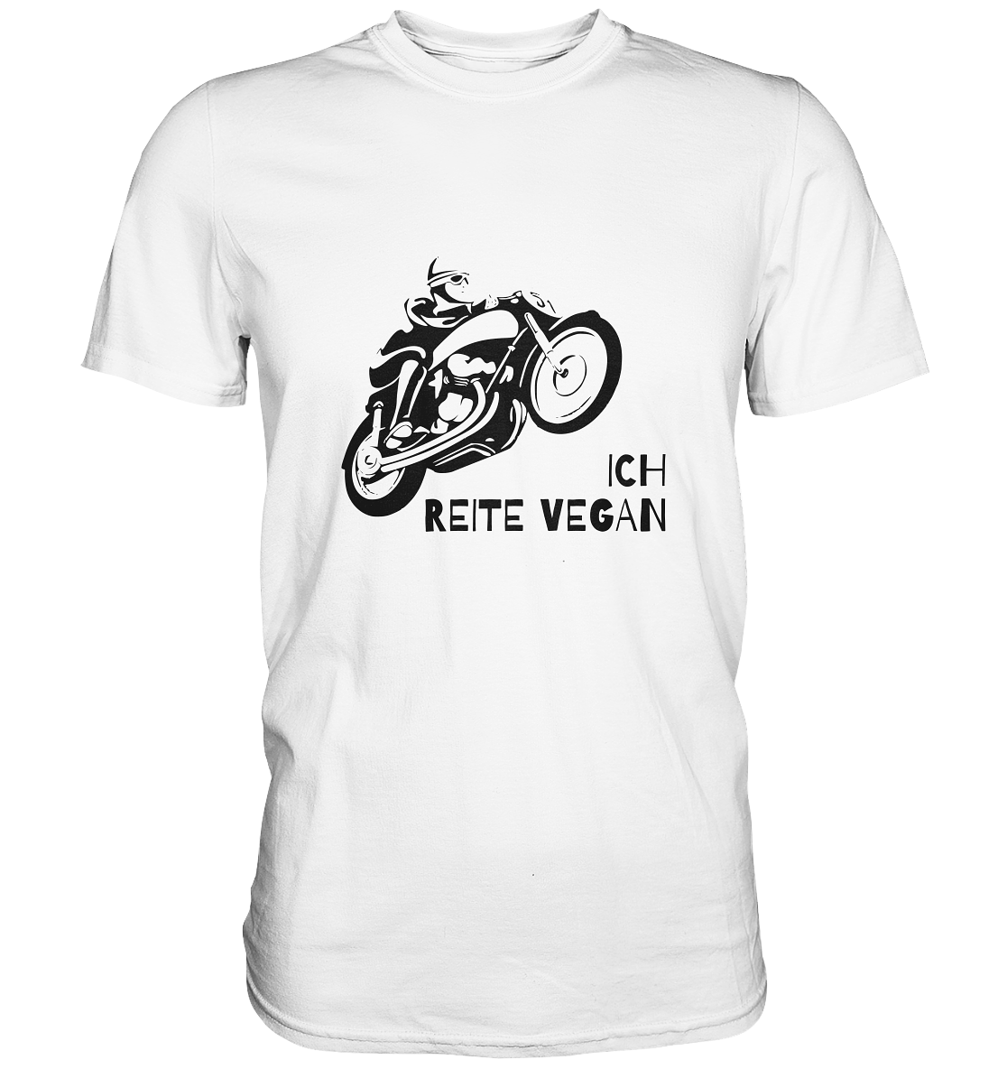 T-Shirt, Herren, Rundhals, mit Aufdruck Motorrad und Spruch "Ich reite vegan", weiß